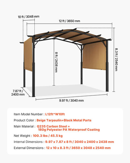 12 x 10 ft Pergola, Arched Metal Top, Retractable with Sun Shade Canopy
