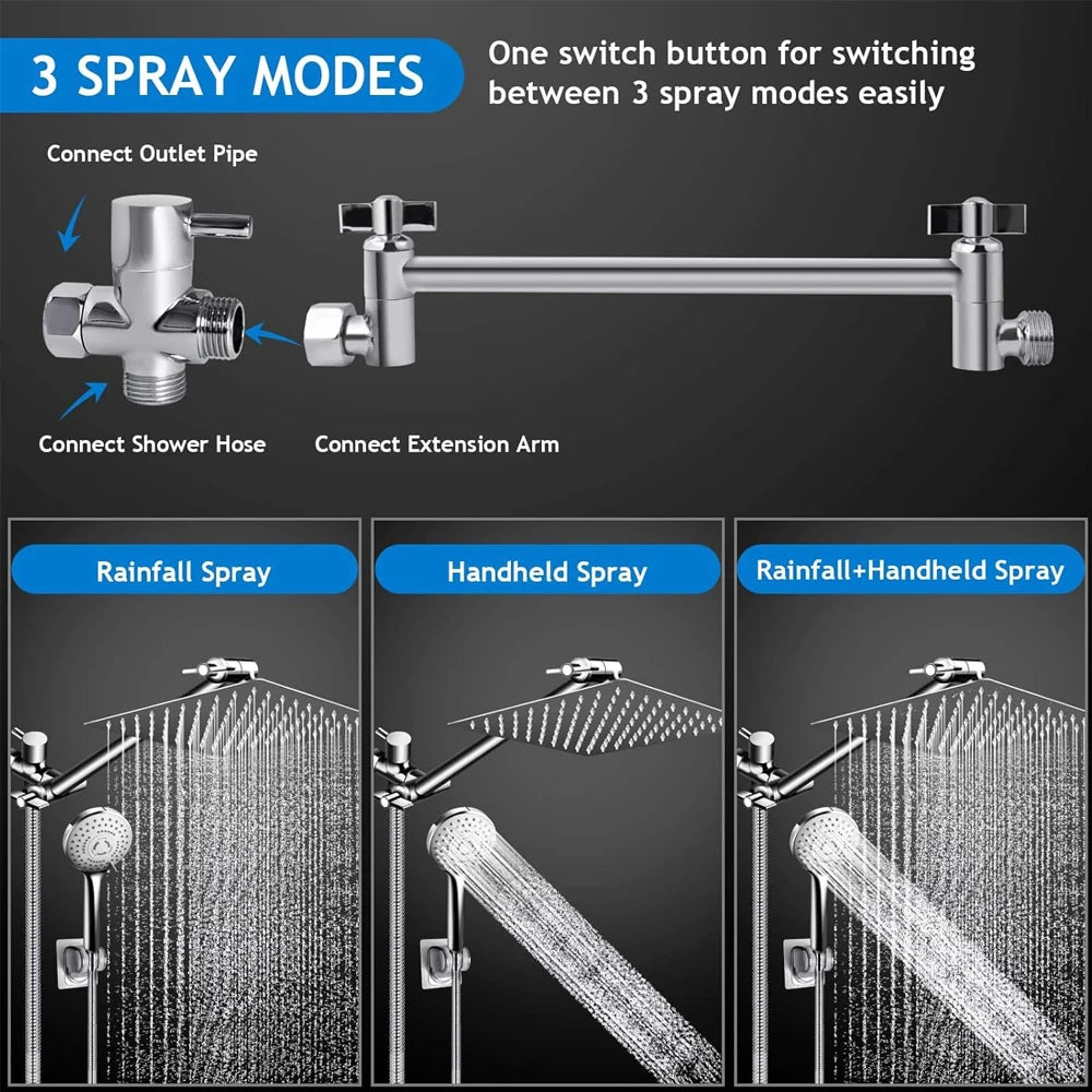 Shower Head Combo 8-12Inch High Pressure Rain Shower Head with Adjustable Extension Arm, 3-way Handheld Shower Spray