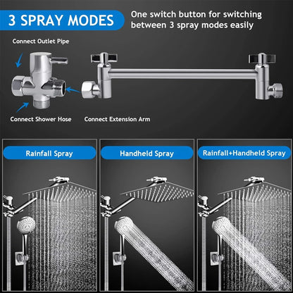 Shower Head Combo 8-12Inch High Pressure Rain Shower Head with Adjustable Extension Arm, 3-way Handheld Shower Spray