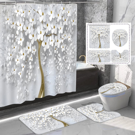 Abstract Art White Floral Shower Curtain Set