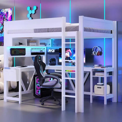 Full Size Gaming Loft Bed with Desk Storage Lights & Charging Station