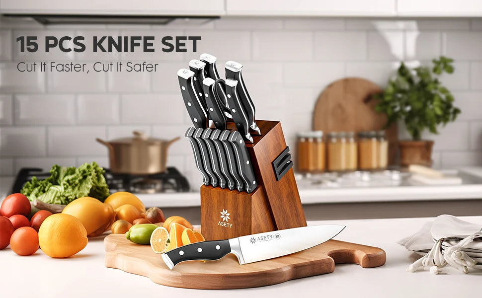 15 PCS Stainless Steel Kitchen Knife Set With Built-in Knife Sharpener Block