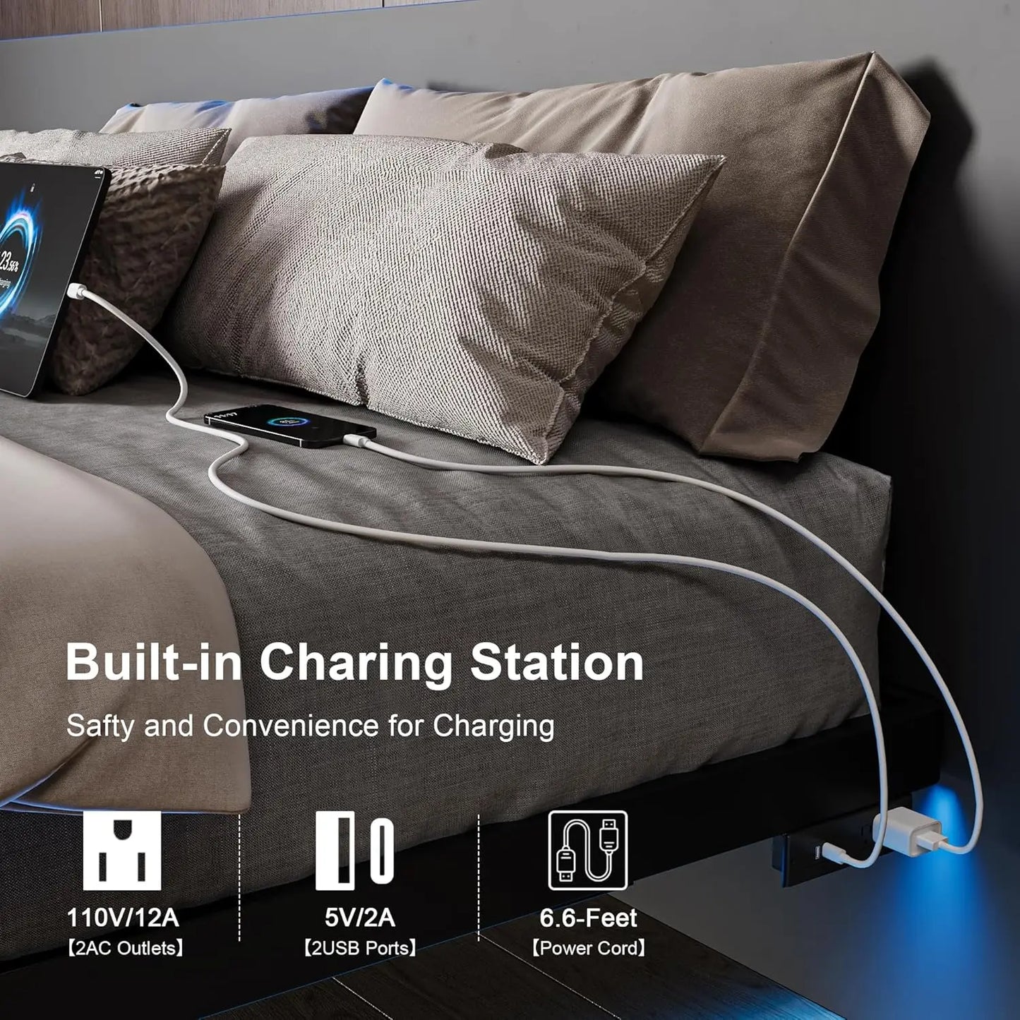 Full Size Floating Bed Frame, Charging Station & Led Lights