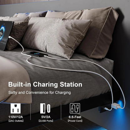 Full Size Floating Bed Frame, Charging Station & Led Lights