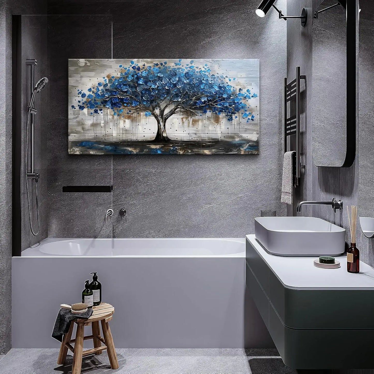 A panoramic abstract tree canvas that adds modern, stylish warmth to any living room, bedroom, or office