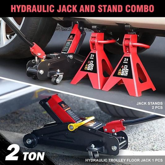 Low Profile Hydraulic Trolley Service/Floor Jack Combo with 2 Ratchet Jack Stands, 2 Ton (4000 lbs) Capacity
