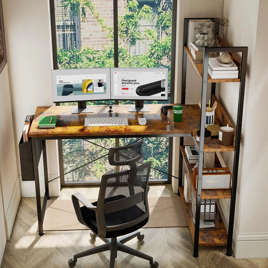 Modern Corner Workstation with Integrated Shelving. This Piece Creates a Refined, Functional Workspace
