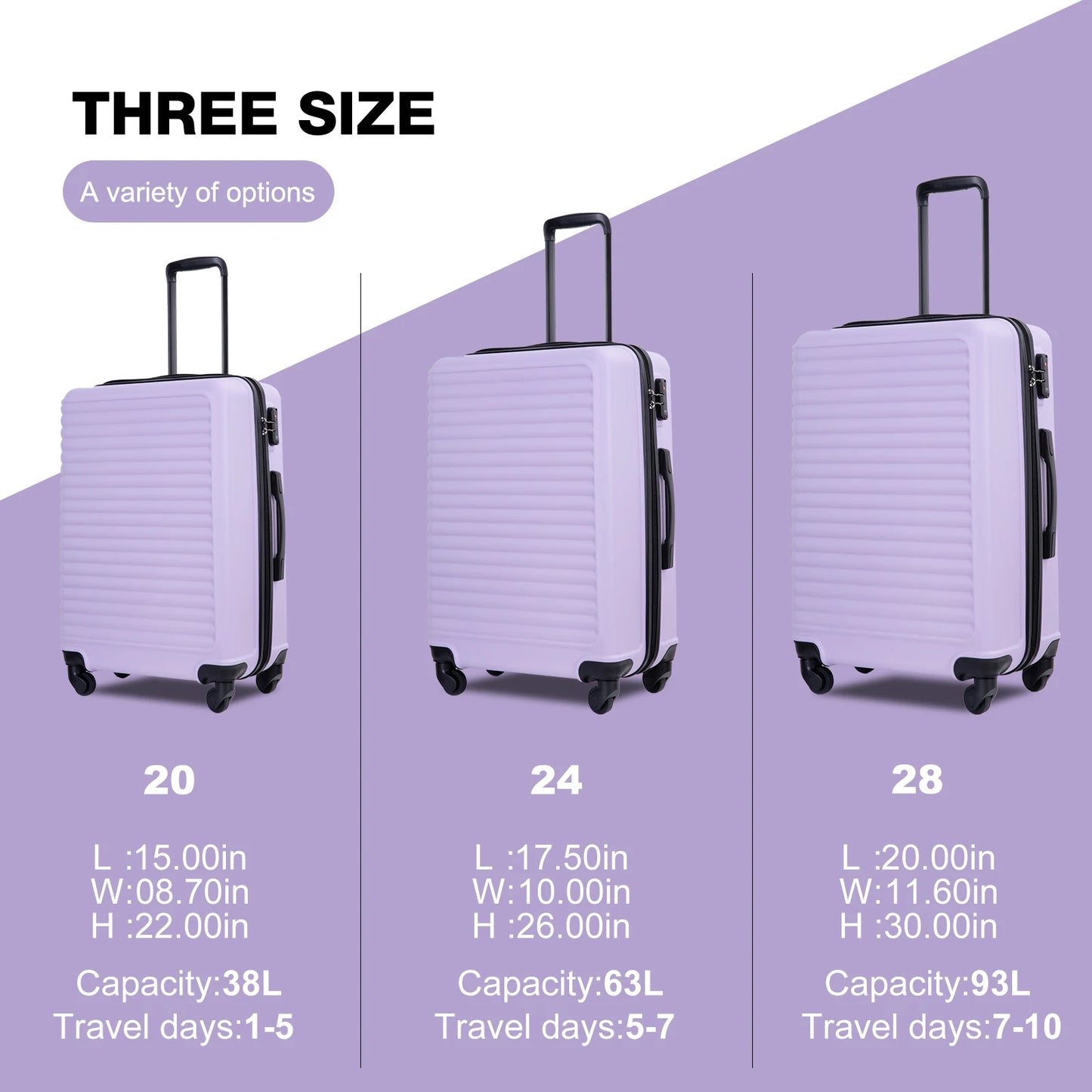 3 Piece Lightweight Hardshell Luggage Set with TSA Lock, Spinner Wheels