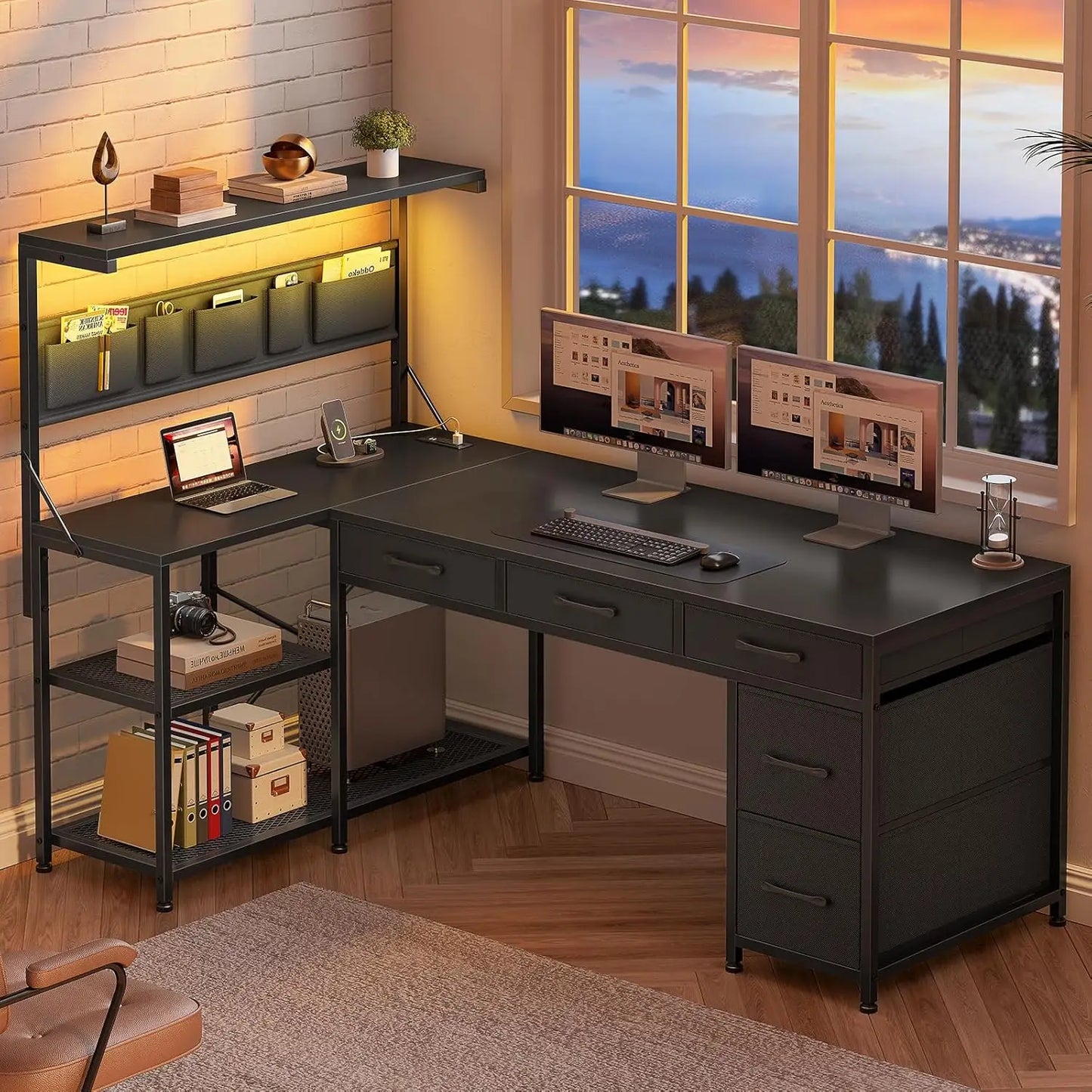 Reversible L Shaped Gaming Computer Desk with 5 Drawers, Storage Shelves & Built In Charging Station