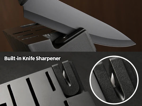 15 Pieces Carbon Steel Kitchen Knife Block Set, Built-in Knife Sharpener