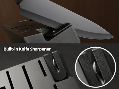 15 Pieces Carbon Steel Kitchen Knife Block Set, Built-in Knife Sharpener