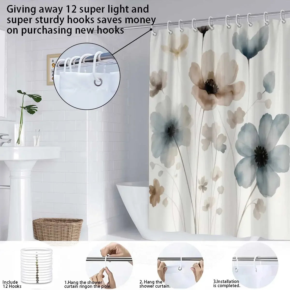 Elegant Floral Print Shower Curtain Set with Hooks