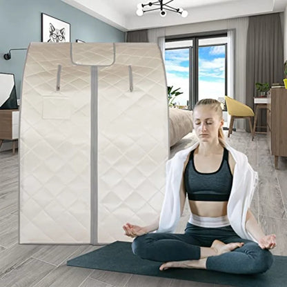 One‑person infrared sauna with remote‑controlled heat, foot pad, and foldable chair