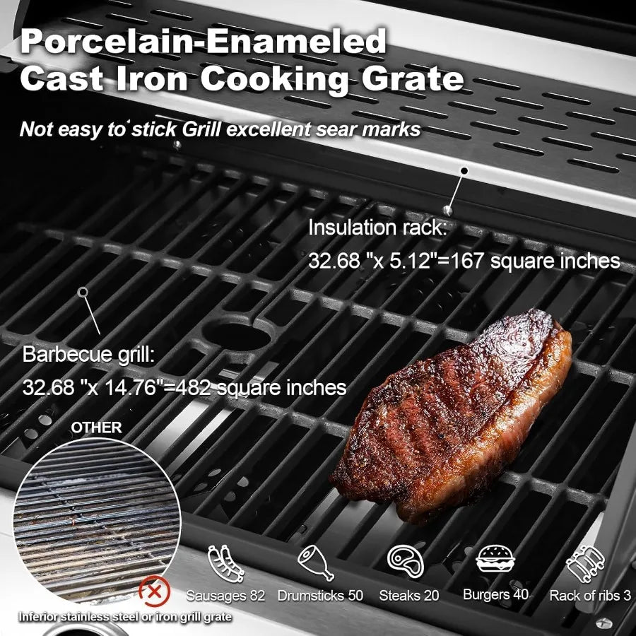 Stainless Steel 6 Burner Propane BBQ Grill with Side Stove, Cast Iron Grates