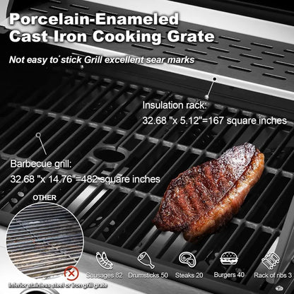 Stainless Steel 6 Burner Propane BBQ Grill with Side Stove, Cast Iron Grates