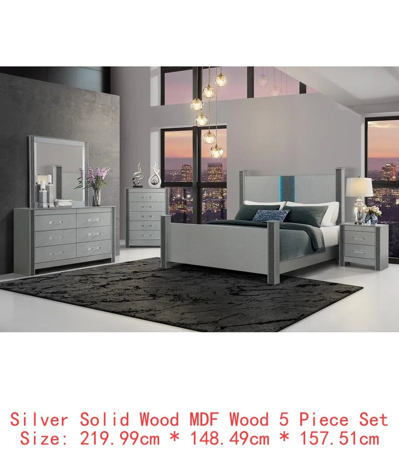 Modern Queen Bedroom Set with Sleek Silver Finish & Timeless Style